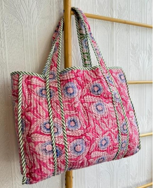 Quilted Cotton Handprinted Tote Bag