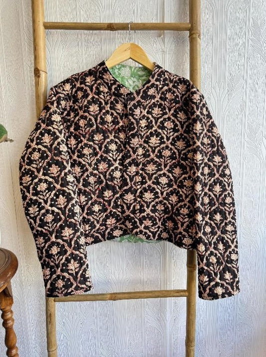 Cotton quilted open jacket Mint Green flora black