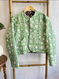 Cotton quilted open jacket Mint Green flora black