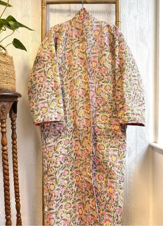 Quilted Unisex Cotton Reversible Long Winter Dressing Kimono Robe Boho