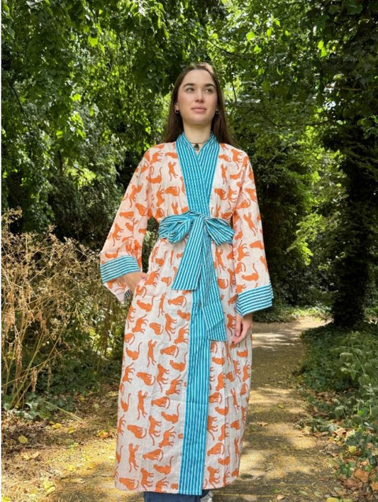 Pure Cotton Block-print House Robe Summer Kimono Beach Coverup/Comfy Lounge Animal Goddess Totem Magic | White Yellow Cheetah Leopard Purple