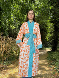Pure Cotton Block-print House Robe Summer Kimono Beach Coverup/Comfy Lounge Animal Goddess Totem Magic | White Yellow Cheetah Leopard Purple