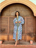 Pure Cotton Indian Block printed House Robe Summer Kimono | Floral Beach Coverup/Comfy Happy Blue Pink Green Gardenia Blossom Summer Dream