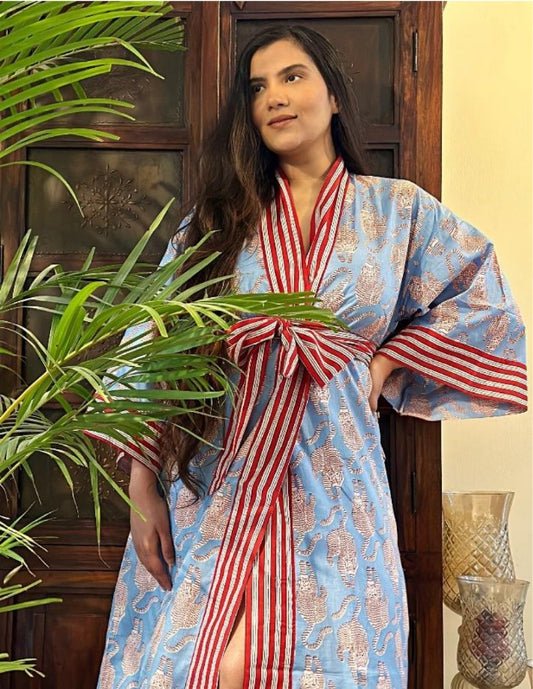 Pure Cotton Indian Block printed House Robe Summer Kimono Beach Coverup/Comfy Maternity | Pastel Blue Red Stripe Leopard Jungle