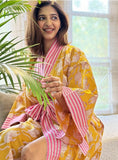 Pure Cotton Indian Block printed House Robe Summer Kimono Beach Coverup/Comfy Maternity | Fresh Yellow Mustard Pink Stripe Leopard Jungle