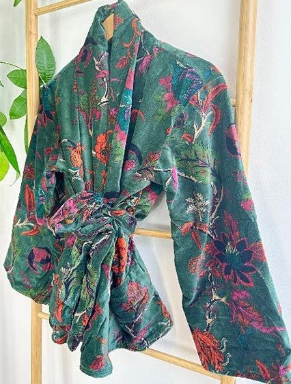 Luscious Luxurious Hip Length Shawl Collar Kimono Printed Velvet Jacket
