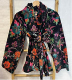 Luscious Luxurious Hip Length Shawl Collar Kimono Printed Velvet Jacket