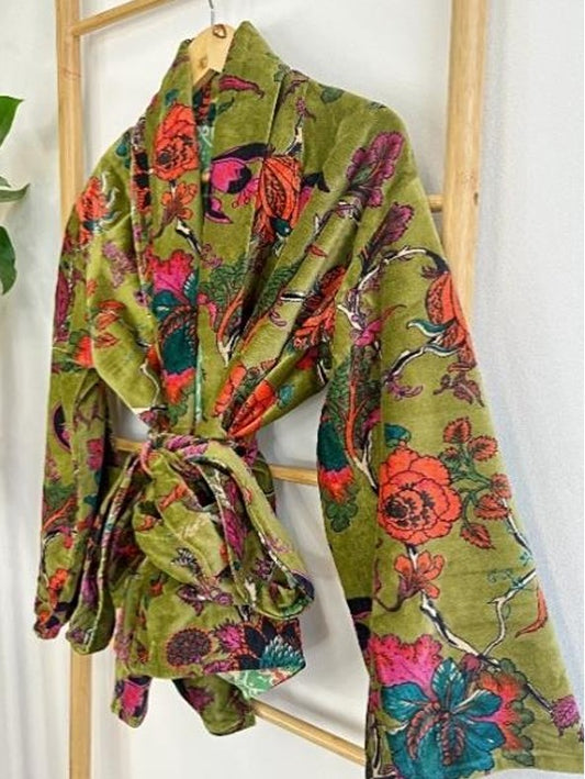 Luscious Luxurious Hip Length Shawl Collar Kimono Printed Velvet Jacket
