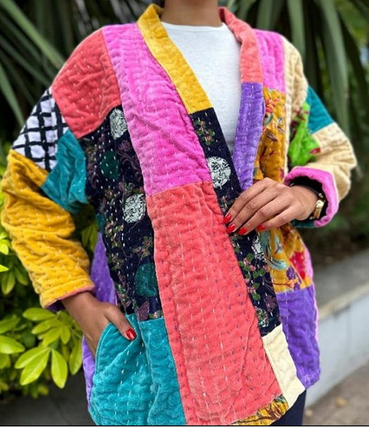 Luxury Velvet Boho Quirky Floral Layer Dinner Chic Coat Patchwork Jacket Winter Christmas Luxury Gift | Elegant Regal Classic Multicolour