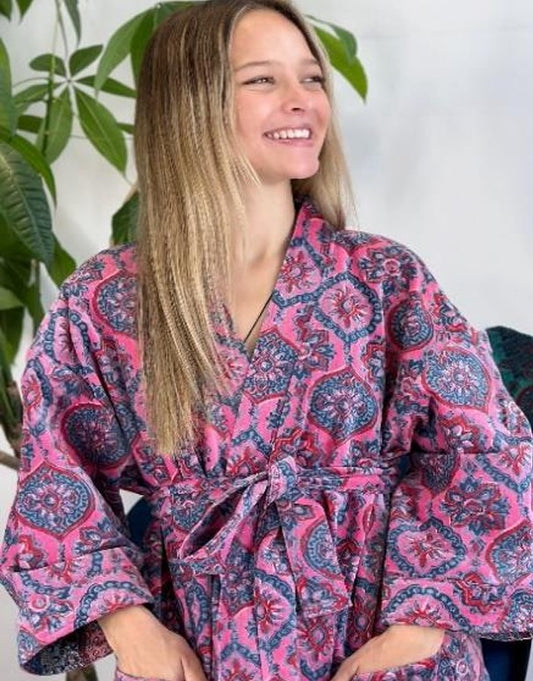 Luxury Velvet House Knee Short Robe Unisex Kimono Boho Jacket Reversible Art Silk Quirky Winter Gift Pink Blue Red Love Mandala Geometric