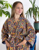 Luxury Velvet House Knee Short Robe Unisex Kimono Boho Jacket Spring Coat | Quirky Autumn Winter Gift Quirky Yellow Geometric