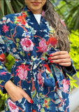 Luxury Velvet House Robe Unisex Kimono Autumn Winter Gift Rich Blue Exotic Forest