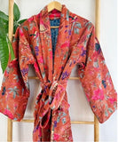 Luxury Velvet House Robe Unisex Kimono Bright Orange Punch Exotic Bird