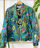 Velvet Boho Bomber Quirky Jacket Aqua Ocean Blue Hue Monkey Jungle