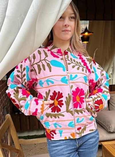 Boho Suzani Bomber Jacket with Artisan Detail Baby pink Summer Joy