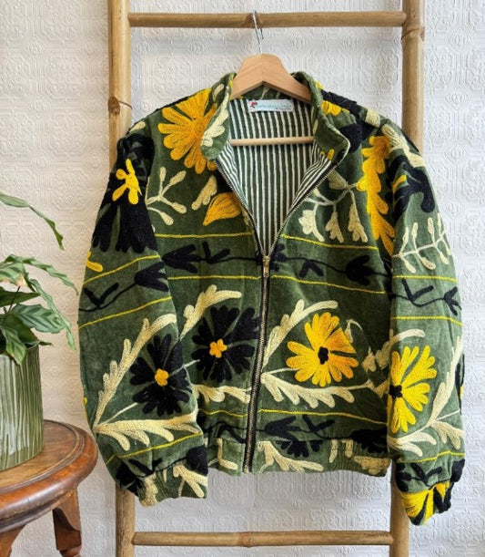 Velvet Suzani Artisan Hand Embroidered Short Bomber Jacket | Autumn Winter Boho Gypsy | Luxury Special Gift Olive Green Autumn Fire