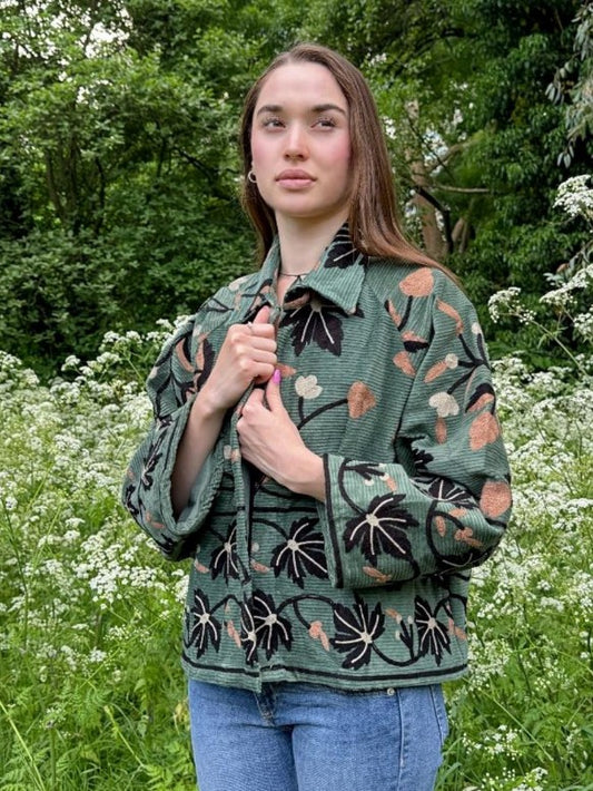 Artisan Bloom Hand-Embroidered Suzani Corduroy Bolero Jacket | Elegant Classic Style in Olive Green Black Beige   Embroidery