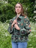 Artisan Bloom Hand-Embroidered Suzani Corduroy Bolero Jacket | Elegant Classic Style in Olive Green Black Beige   Embroidery