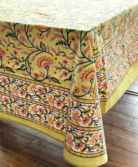 Large Table Handblock Printed Cotton Spring Summer Floral Table Cover