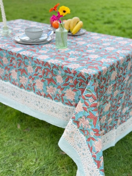 Large Table Handblock Printed Cotton Spring Summer Floral Table Cover