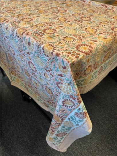 Large Table Handblock Printed Cotton Spring Summer Floral Table Cover