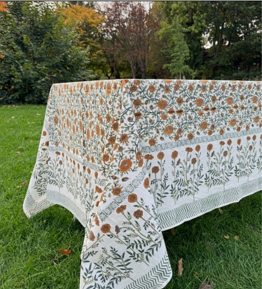 Large Table Handblock Printed Cotton Spring Summer Floral Table Cover