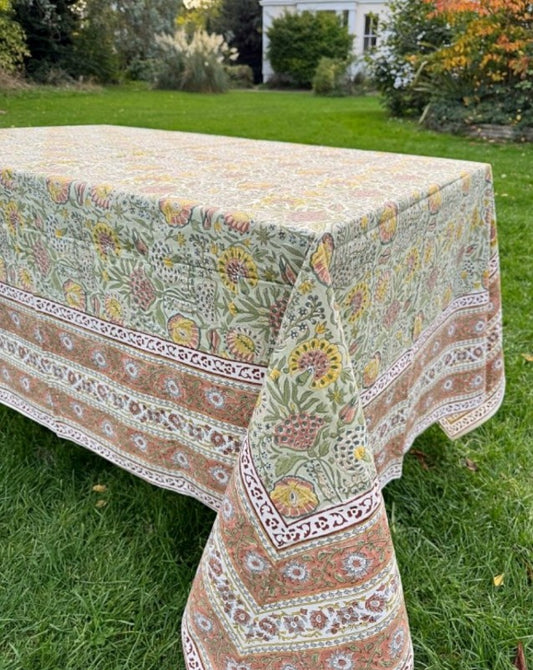 Large Table Handblock Printed Cotton Spring Summer Floral Table Cover