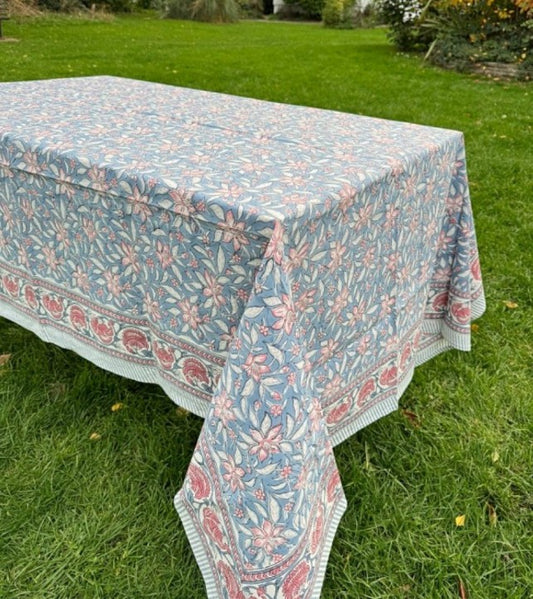 Large Table Handblock Printed Cotton Spring Summer Floral Table Cover