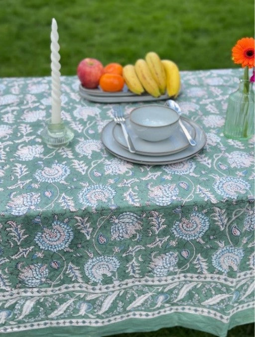 Large Table Handblock Printed Cotton Spring Summer Floral Table Cover
