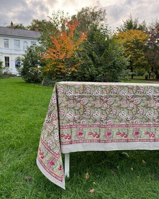 Large Table Handblock Printed Cotton Spring Summer Floral Table Cover