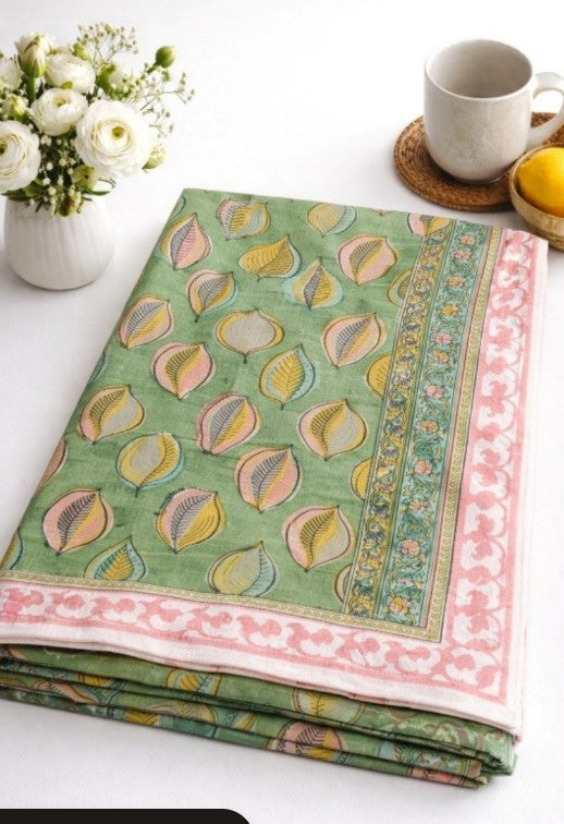 Large Table Handblock Printed Cotton Spring Summer Floral Table Cover