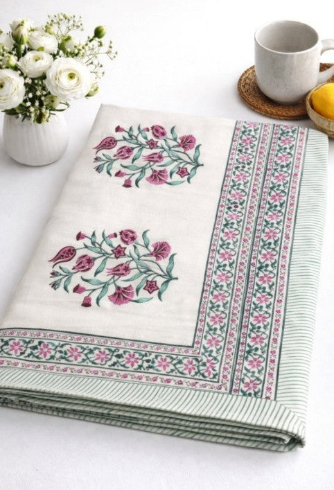 Large Table Handblock Printed Cotton Spring Summer Floral Table Cover