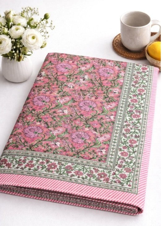 Large Table Handblock Printed Cotton Spring Summer Floral Table Cover