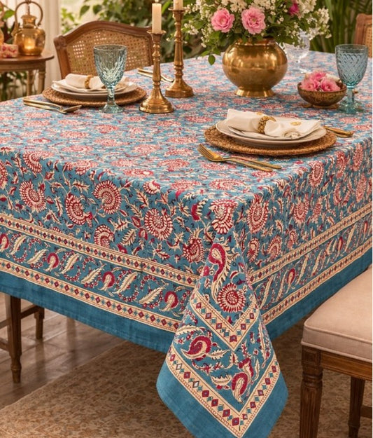 Large Table Handblock Printed Cotton Spring Summer Floral Table Cover