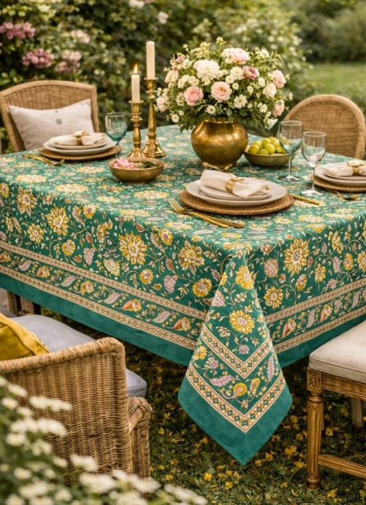 Large Table Handblock Printed Cotton Spring Summer Floral Table Cover
