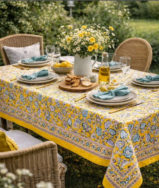 Large Table Handblock Printed Cotton Spring Summer Floral Table Cover