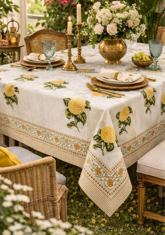 Large Table Handblock Printed Cotton Spring Summer Floral Table Cover