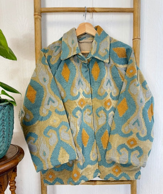 Velvet Suzani Artisan Hand Embroidered Short Jacket | Autumn Winter Boho Gypsy | Luxury Special Gift | Beige Grey Slated Teal Mustard Ikat