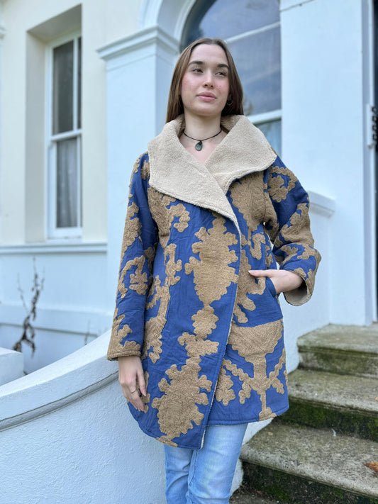 Suzani-Embroidered Fur Jacket with Wooden Buttons Classic Beige blue Ikat