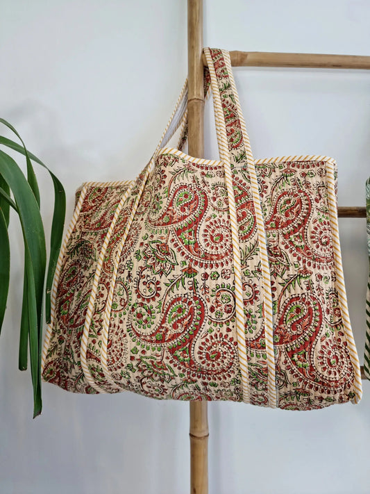 Quilted Cotton Handprint Beige red green