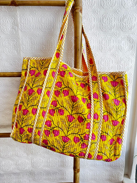 Quilted Cotton Handprint Elegant yellow pink