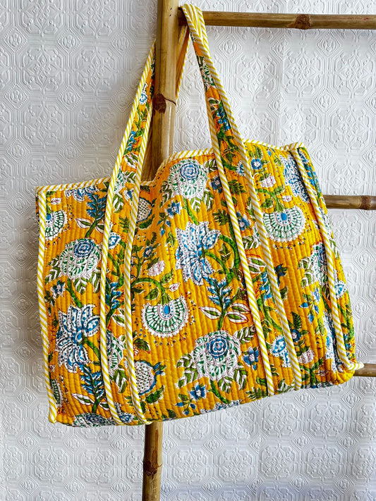 Quilted Cotton Handprint Yellow Tote Bag