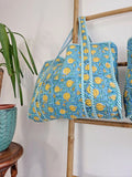 Quilted Cotton Handprint Blue yellow plum