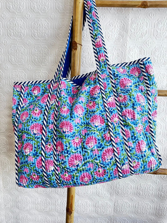 Quilted Cotton Handprint Blue with pink flora