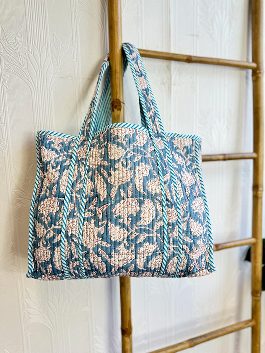 Quilted Cotton Handprint Grey blue
