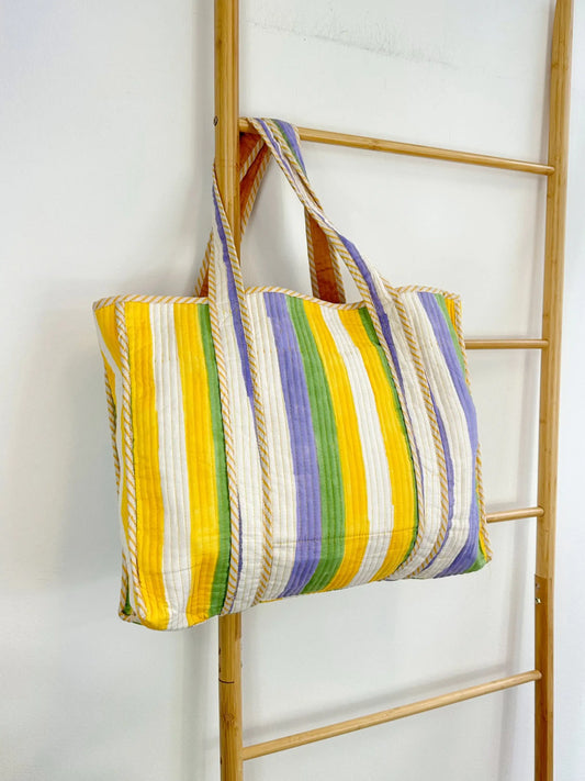 Quilted Cotton Handprint Yellow white green stripe