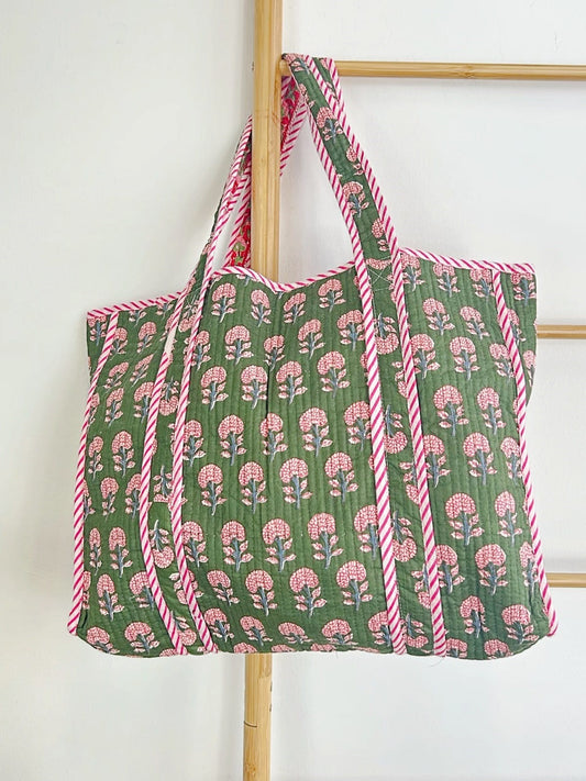 Quilted Cotton Handprint Olive green with pink small flowers