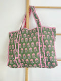 Quilted Cotton Handprint Olive green with pink small flowers