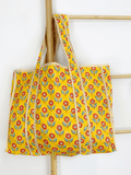 Quilted Cotton Handprint yellow with small orange flowers
