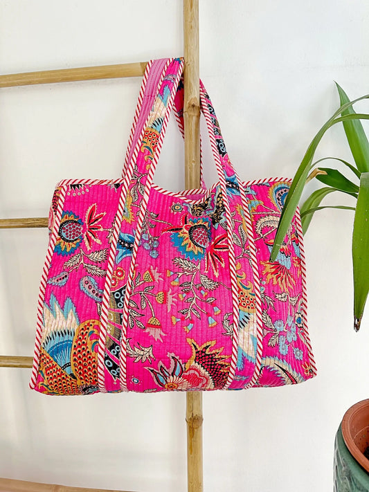 Quilted Cotton Handprint Pink Bohemian Tote Bag